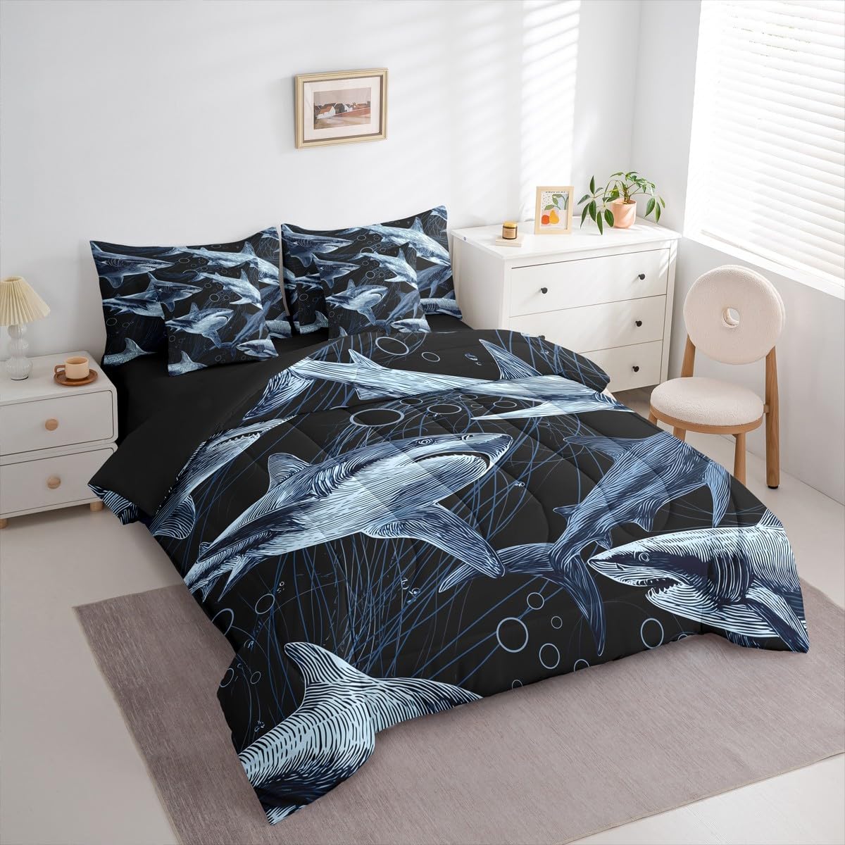 Erosebridal Shark Comforter Set Ferocious Shark Bed in A Bag Full Size 7 Pieces Underwater World Oasis Bed Set Sea Ocean Animal Bedding