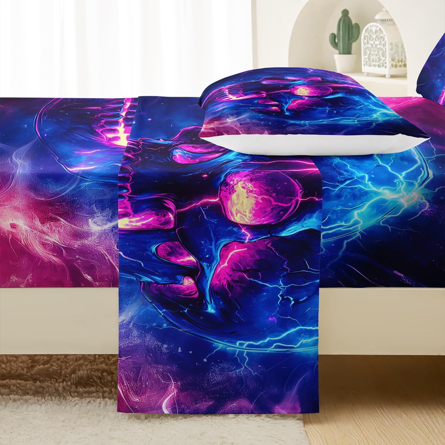 QOOMO Skull Kids Sheets Twin Size,Human Skeleton 16" Deep Pocket Bed Sheet Set,Galaxy Printed Bedroom Decor Bedding Set Soft and Breathable for Boys/Girls/Kids/Teens