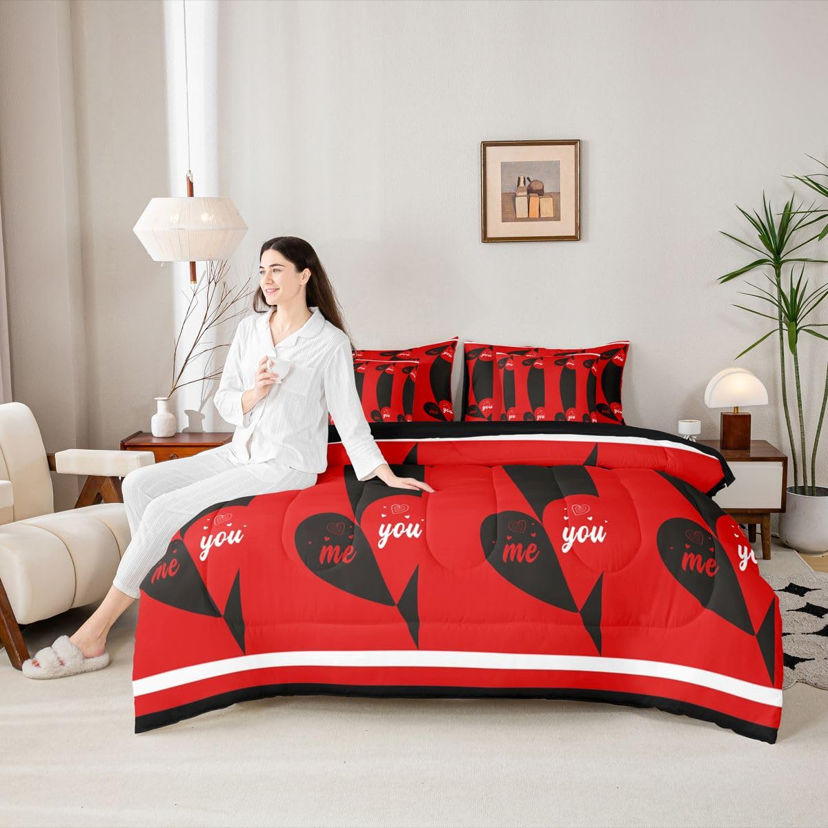 Erosebridal Love You and Me Queen Bedding Set 7 Piece Cute Love Heart Bed in A Bag with Sheets Valentine Romantic Heart Pattren Comforter Set for Women Men Adults,Couple Wedding Bed Sets