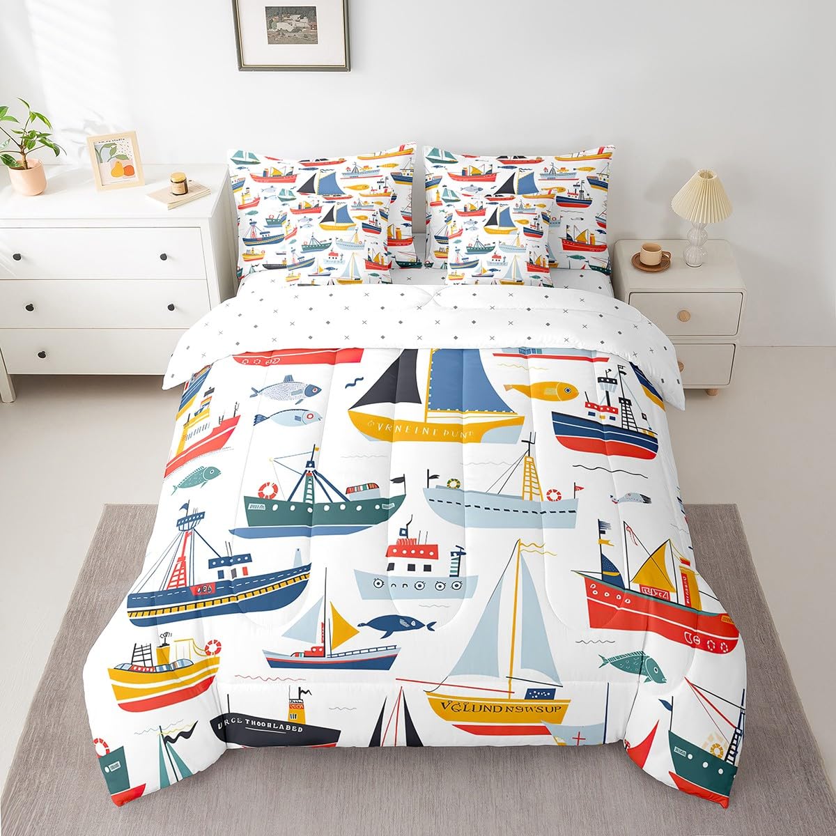 Erosebridal Nautical Comforter Set 7 Piece Bed in a Bag Twin,Retro Sailboat Steamship Bedding Sets Ocean Steamboat Steamer Sheet Set with Comforter