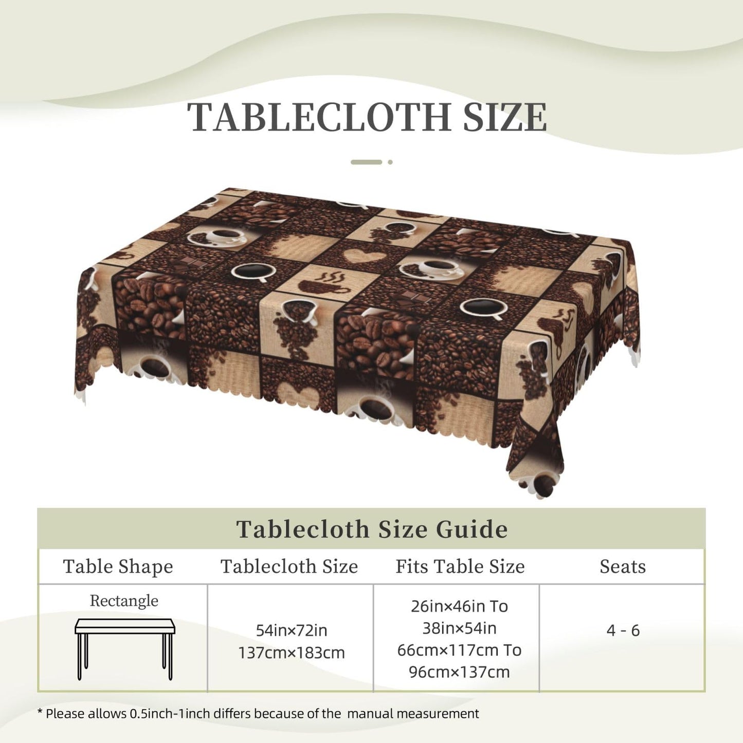 VIMPEYDON Coffee Print Rectangle Table Cloth for Dining Tables,Reusable Modern Art Coffee Cup Bean Abstract Love Heart Print Tablecloths Decoration Table Cover for Kitchen,Holiday,Party, 54x72 Inch