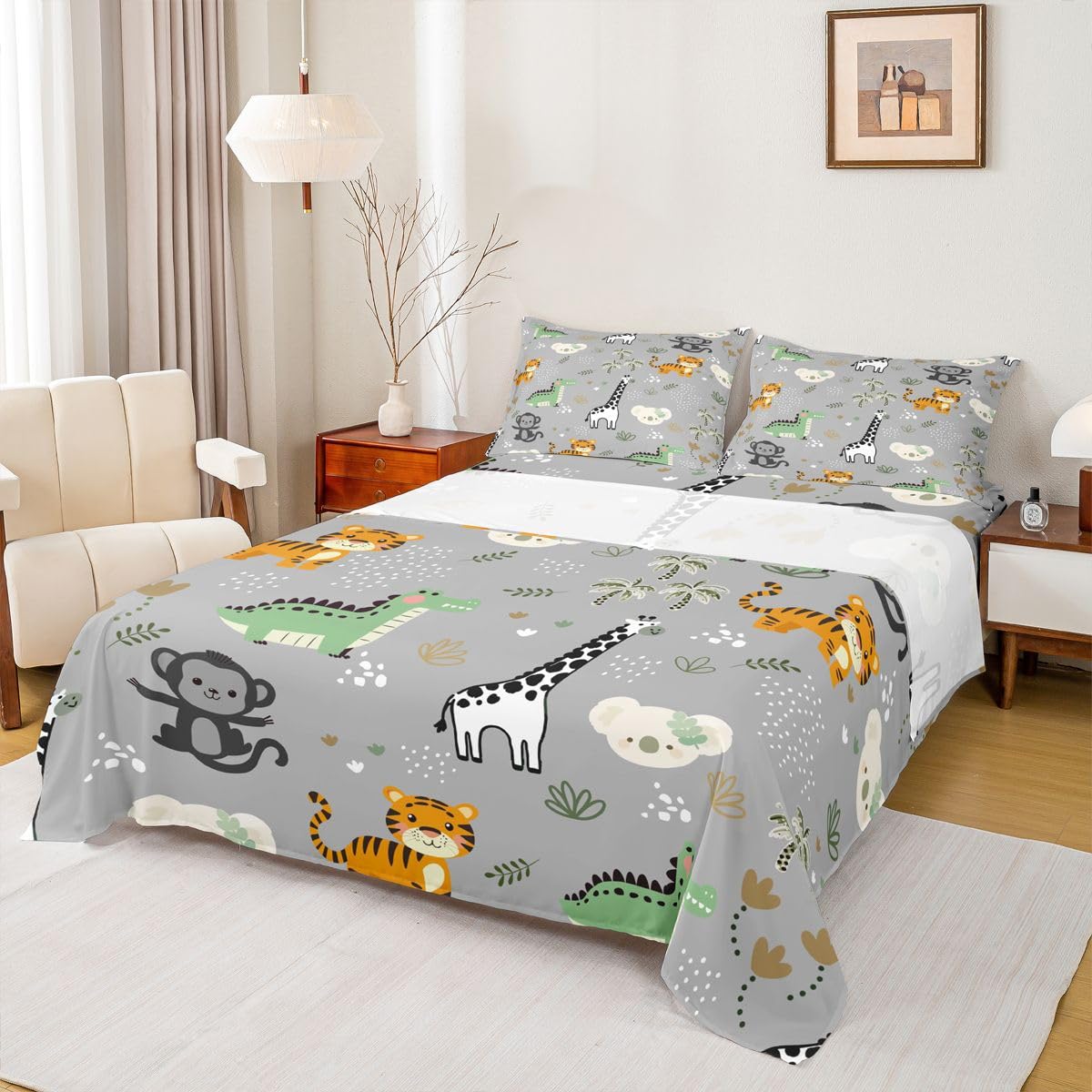 Erosebridal Jungle Animals Bed Sheets Full Cartoon Kawaii Sheet Set for Kids Boys Girls Hunting Safari Animals Sheets Monkey Giraffe Crocodile Tiger Flat Fitted Sheet 3 Pcs