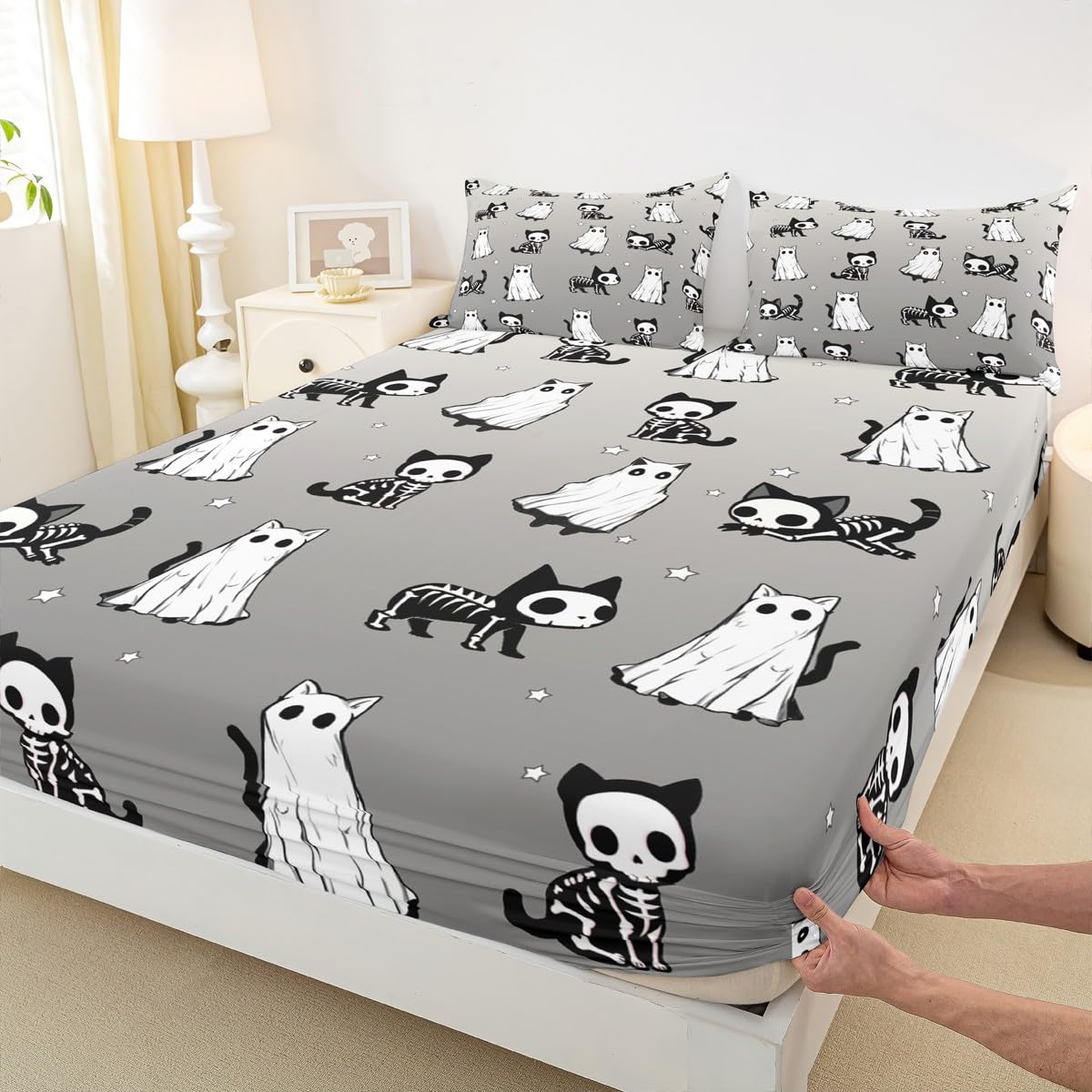Ghost Cat Bedding Sets Queen Size,Happy Halloween Fitted Sheet 3Pcs for Kids Girls Boys Adult Room Decor,Cat Skeleton Bed Sheet Black Grey White Deep Pocket Sheet,2 Pillowcases