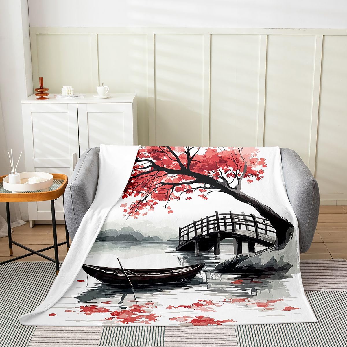 Erosebridal Red Cherry Blossoms Printed Blanket for Girls,Japanese Style Throw Blanket 40x50 Inch,Japan Fleece Blanket Soft,Ink Painting Fuzzy Blanket for Bedroom