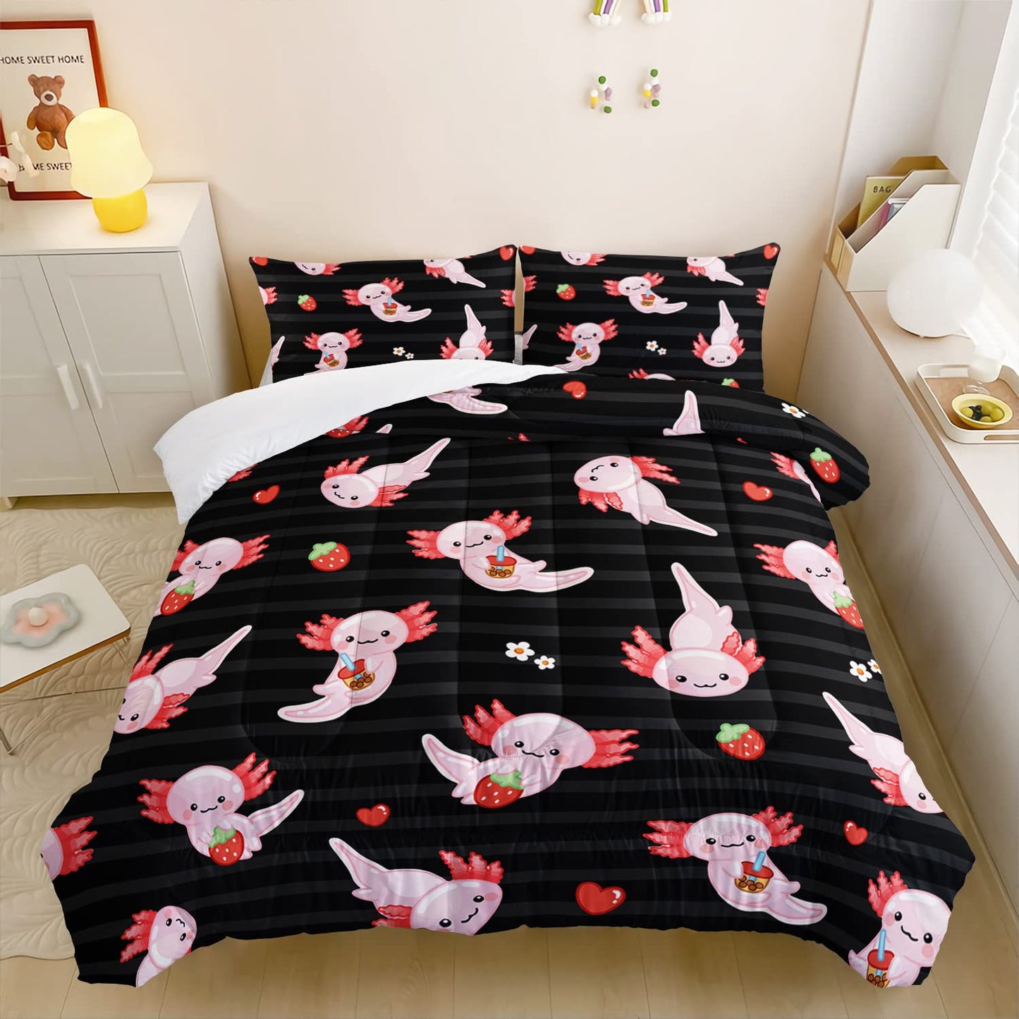 HOSIMA Kids Black Full Size Comforter Sets 3 Pieces,Cartoon Axolotl Bedding Sea Wildlife Cute Animals Theme Room Decor,Kawaii Bedding Set Strawberry Comforter with 2 Pillowcases.