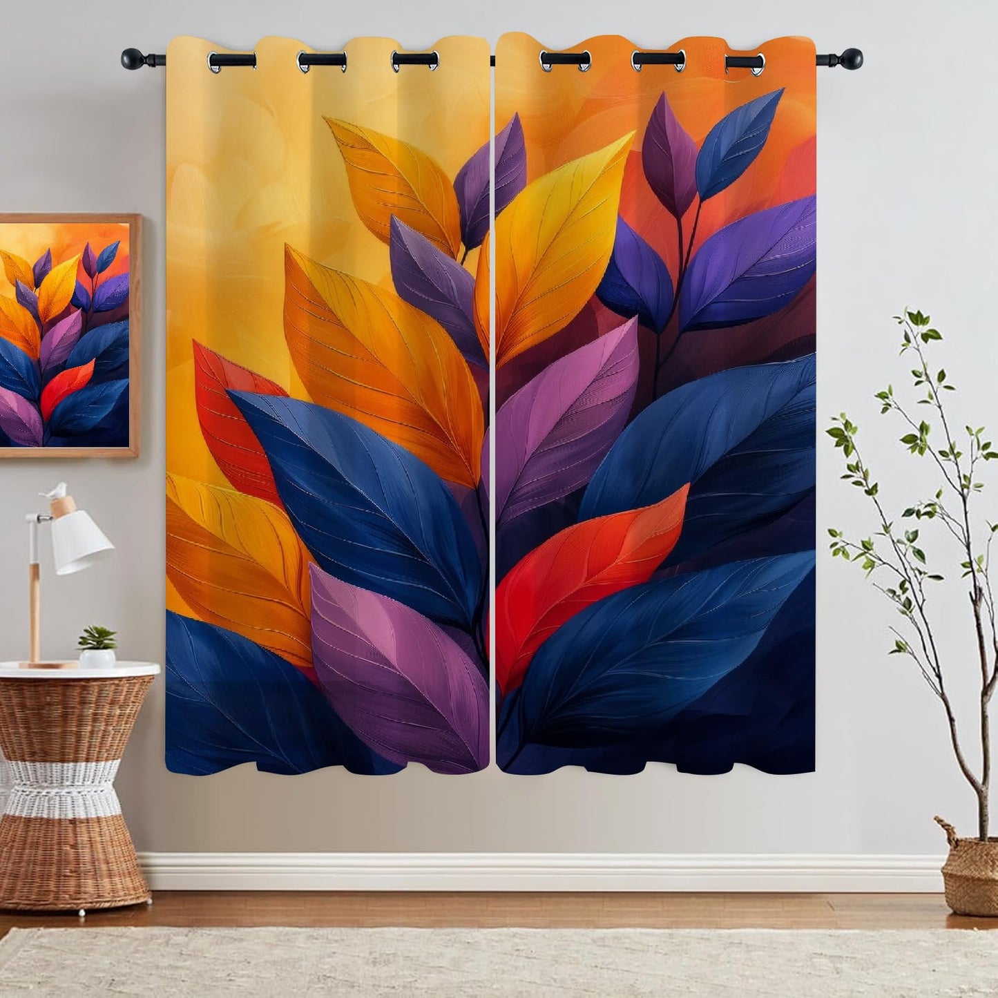 Colorful Plant Leaves Blackout Curtains, Yellow Brown Background Window Curtain Set of 2 Panels, 3D Printed Darkening Thermal Insulated Drapes for Bedroom Home Living Room(52" W x 84 "L)
