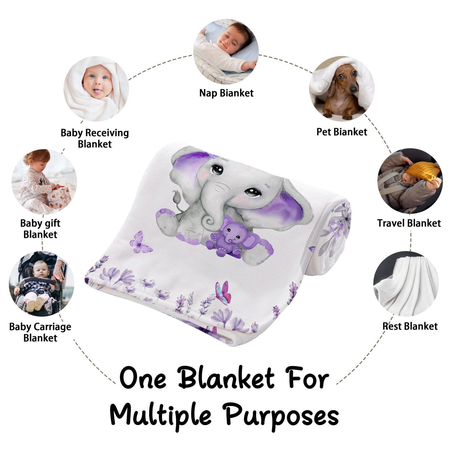 MAIWELL Personalized Baby Blanket with Name, Custom Elephant Kids Name Blankets for Girls, Receiving Blankets for Newborn Blanket, Customized Baby Shower Christmas Birthday Gifts