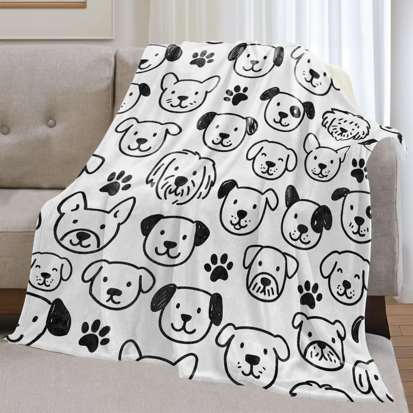 olpddz Adorable Dog Face Flannel Blanket Gifts for Pet Lover,60x50inch,Hand-Drawn Puppy Head Throw Blankets with Black and White,for Bedroom,Sofa,Living Room,Camping Minimalist Decor Throws