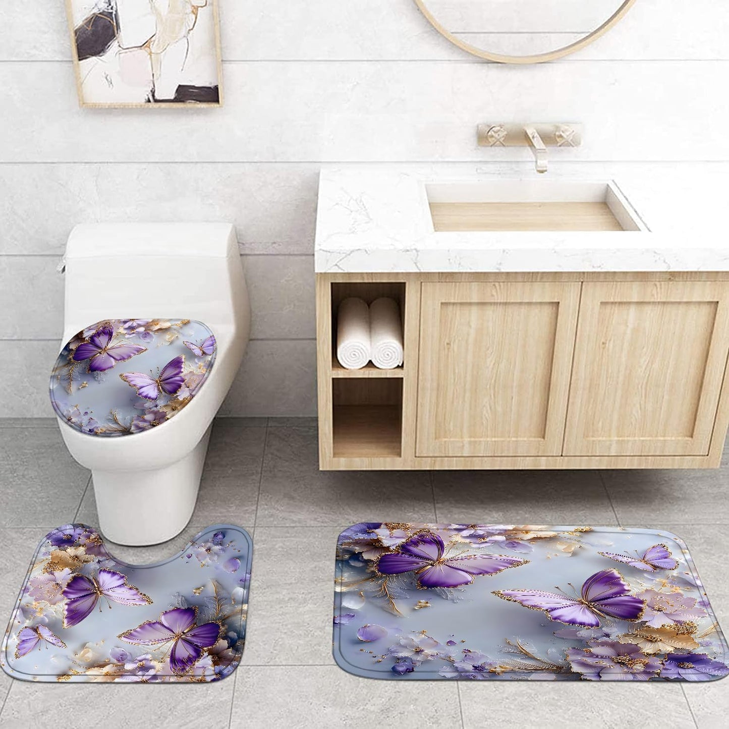 Chrainy 4 Pcs Purple Floral Butterfly Shower Curtain Set with Non-Slip Rugs, Modern Toilet Lid Cover and Bath Mat, Elegant Bathroom Decor Set with Hooks