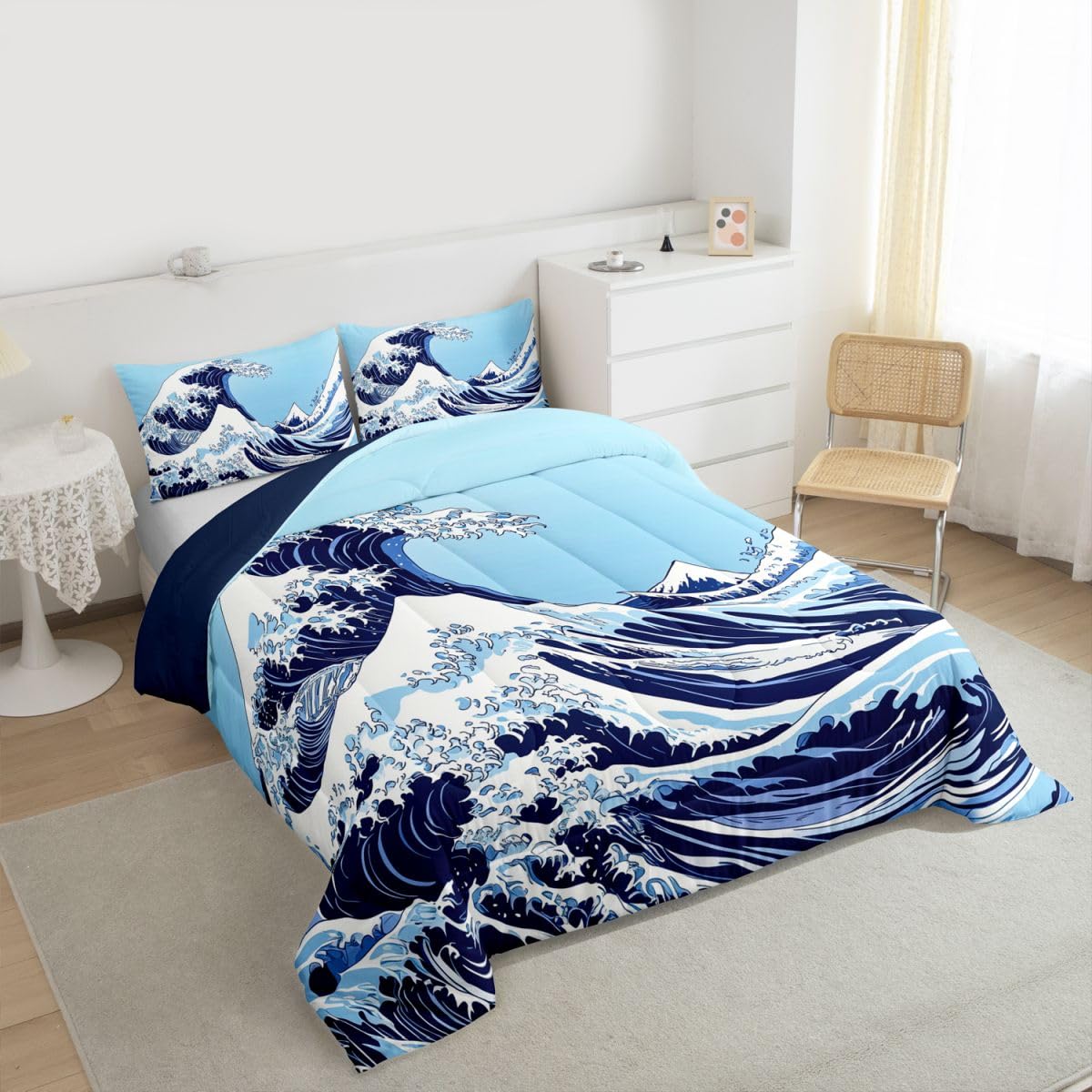 jejeloiu Wave Comforter Set All Season Ocean Wave Bedding Set with 2 Pillow Cases Abstract Microfiber Kids Queen Bedclothes Japanese Style Bedroom Decor Duvet Quilt Breathable Soft Lightweight