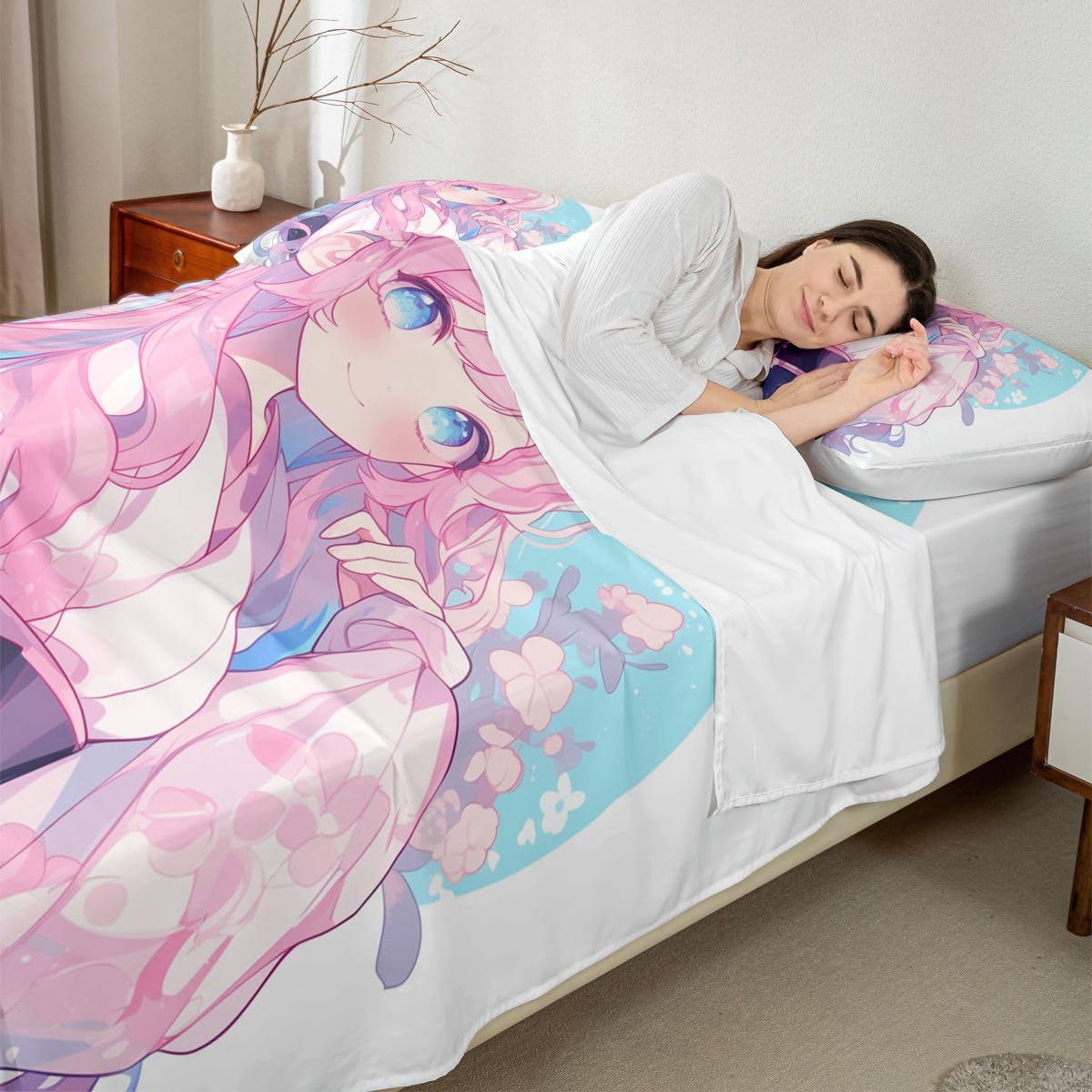 Erosebridal Girls Bed Sheets Set Japanese Style Sheet Set Twin, 3D Anime Girl Sheets Cartoon Kawaii Kimono Girl Top Fitted Sheet Romantic Gifts for Her (1 Top Sheet 1 Fitted Sheet 1 Pillow Case)