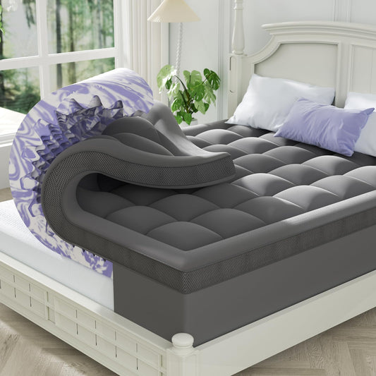ChiXpace Dual Layer 4 Inch Memory Foam Mattress Topper Queen - 2 Inch Gel Memory Foam and 2 Inch Pillow Top Mattress Pad, 7-Zone Egg Crate 2-in-1 Design (Grey)