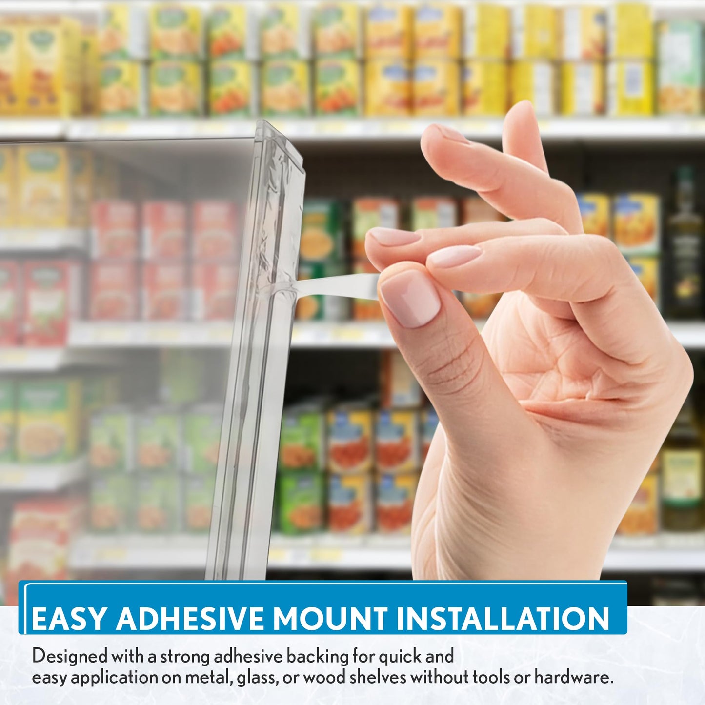 Shelf Dividers, 50 Pack, Self Adhesive, 3” H x 9.5” L Shelf Separators for Retail Shelving, Pantry & Closet Organization, Easy Stick 20 Mil Clear PVC, Product Display Dividers, Clip Strip Corp