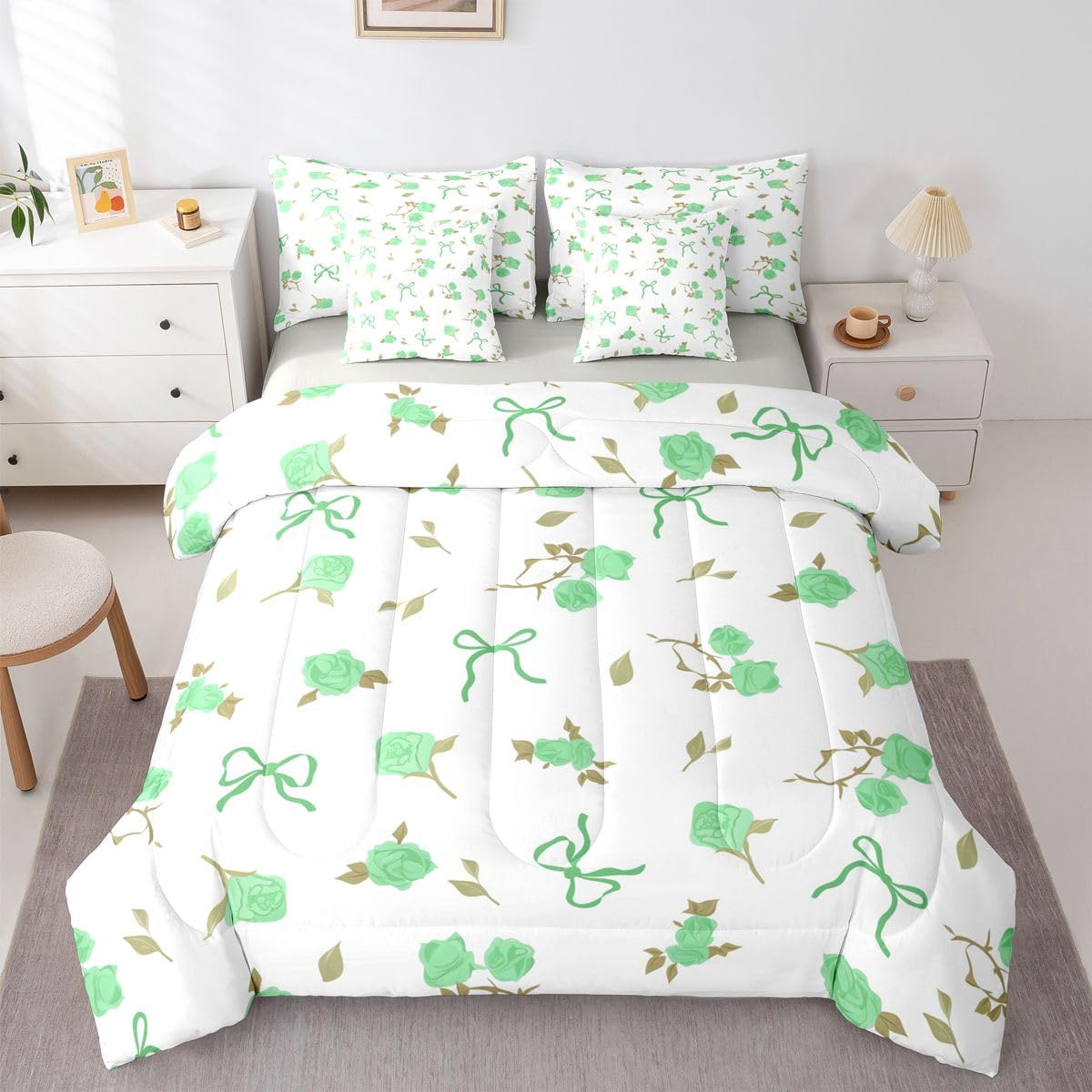 Erosebridal Coquette Bowknot 7 Piece Bedding Set Full Girly Bow Tie Comforter Set with Sheets Bowtie Rose Floral Bed in A Bag Kawaii Bow Decor Bed Sets with 2 Pillowcases, 2 Throw Pillow Covers
