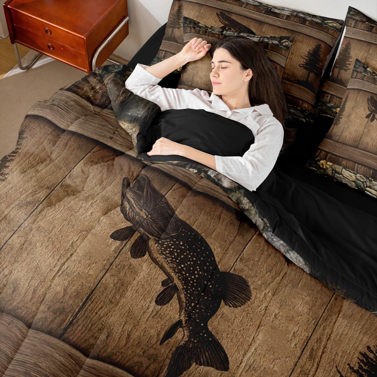 Erosebridal 7 Pieces Kids Camo Pike Fish Comforter Set for Teens Adults - Full Size Rustic Hunting and Fishing Bedding Set Country Farmhouse Cabin Bed in A Bag Rural Woodland Wild Animal Quilt Sets