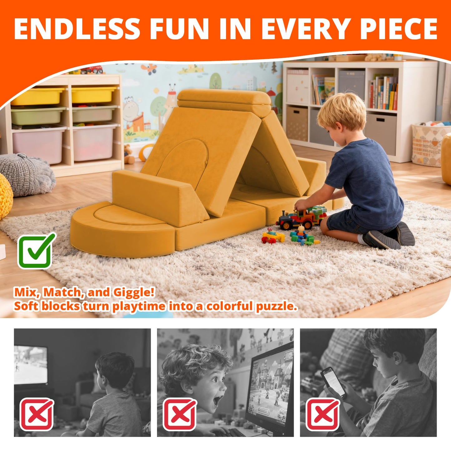 Fvkind 16pcs Modular Kids Play Couch, Creative Kids Couch for Playroom and Bedroom, Modular Toddler Sofa Building Fort, Convertible Foam Sectional Toddler Sofa for Boys and Girls, Yellow