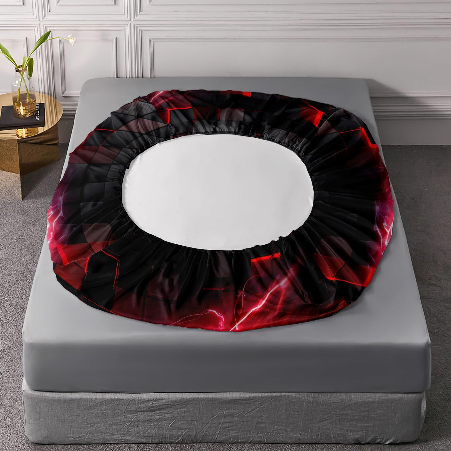 HOSIMA Basketball Fitted Sheet Twin,Basketball Wrapped in Flames,Black Red Geometric Background Pattern Cool Extreme Sports Bedding for Kids Boys Room Decor,1 Fitted Sheet+2 Pillowcases.