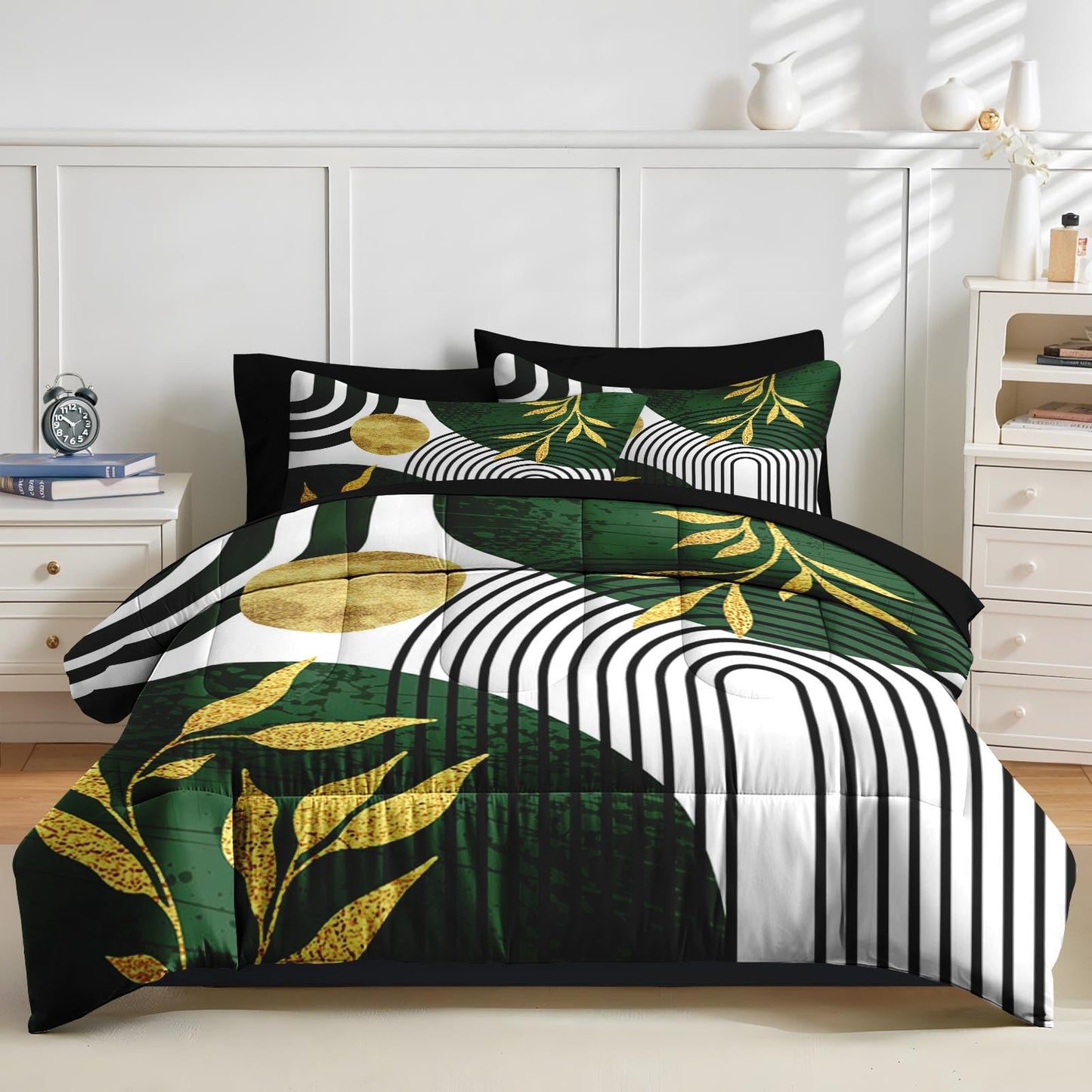 Nesker Comforter Set King Size, Green Boho Golden Leaves 7 Pcs Bedding for Kids and Adults, Mid Century Abstract Bed Sheet Sets with Fitted Sheet 2 Pillowcases & 2 Shams