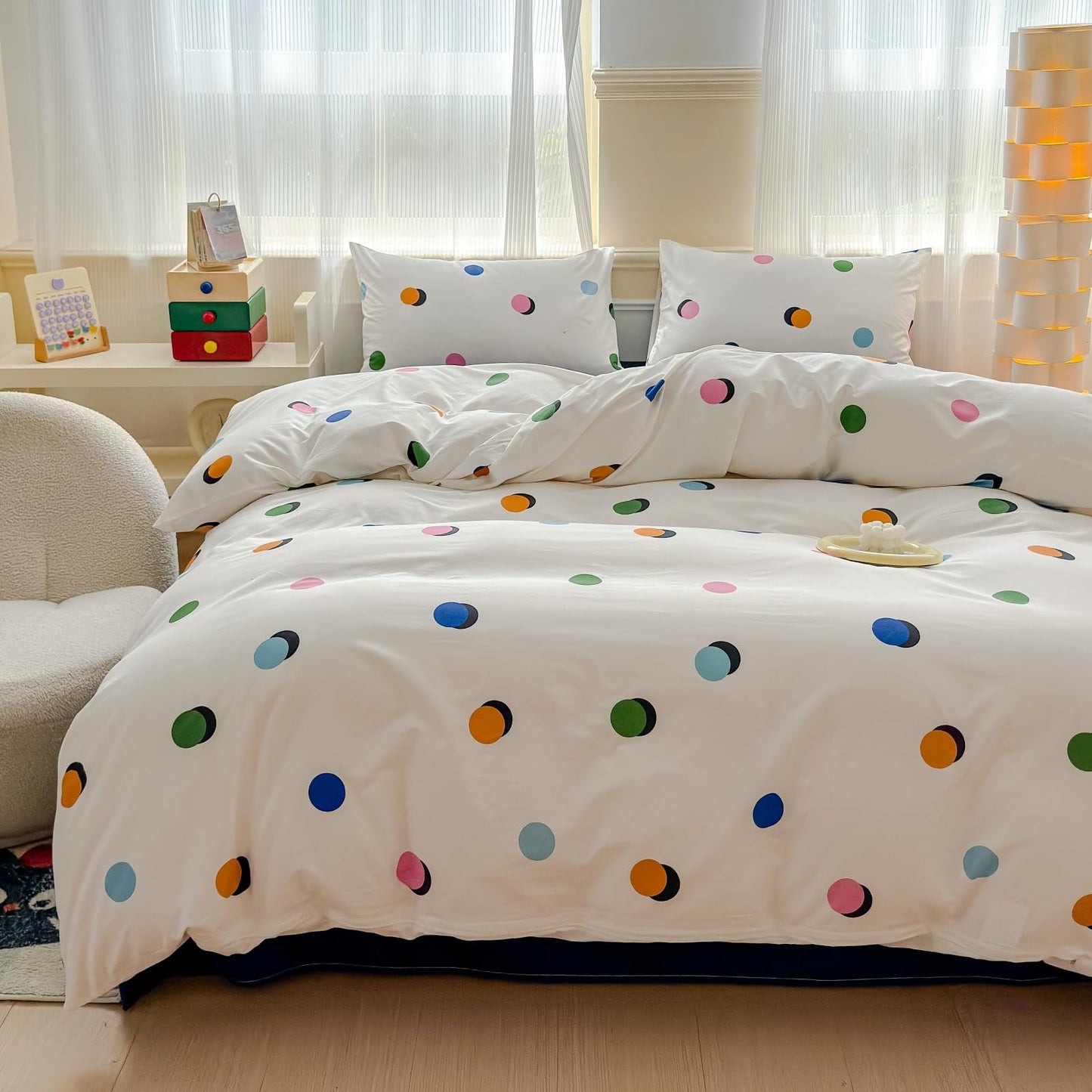LIWHENHAO Polka Dot Duvet Cover Set Queen 100% Cotton Bedding Blue Green Pink Orange Polka Dots on White 1 Modern Abstract Geometric Comforter Cover Full 2 Pillowcases for Kids Girls Boys Woman