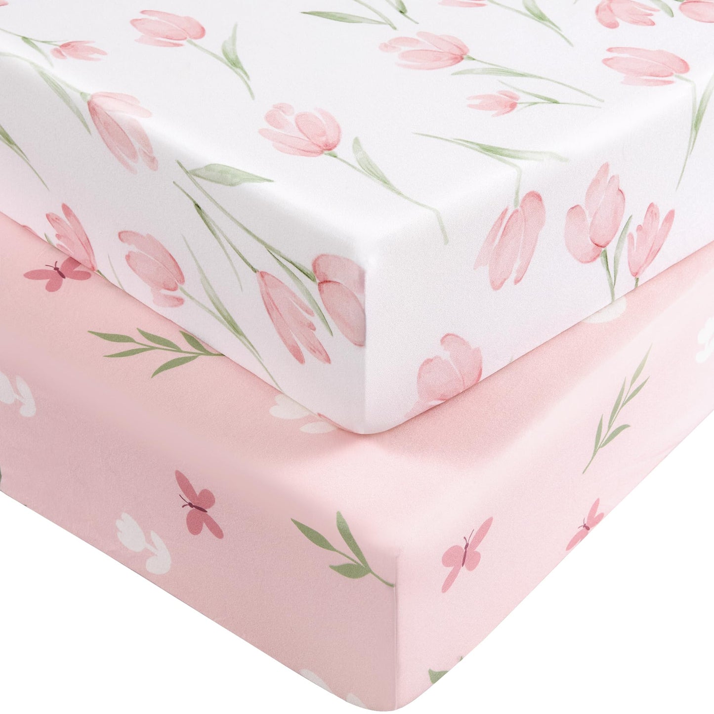 Nyessmee Baby Crib Sheets Girl, Fitted Crib Sheets 52" x 28", Soft Breathable Microfiber Sheets for Standard Crib and Toddler Mattress, 2-Pack Pink Tulips