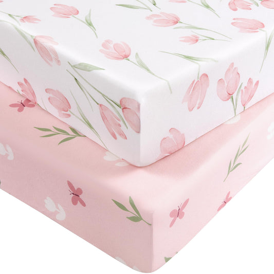 Nyessmee Baby Crib Sheets Girl, Fitted Crib Sheets 52" x 28", Soft Breathable Microfiber Sheets for Standard Crib and Toddler Mattress, 2-Pack Pink Tulips