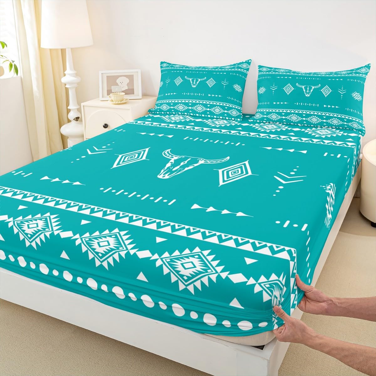 Erosebridal Bull Skull Full Size Bed Sheets Set, Western Cowboy Flat Fitted Sheet for Boys Girls Men Women Room Decor, Southwestern Native Bedding Set, Boho Aztec Ethnic Horns Bed Sets