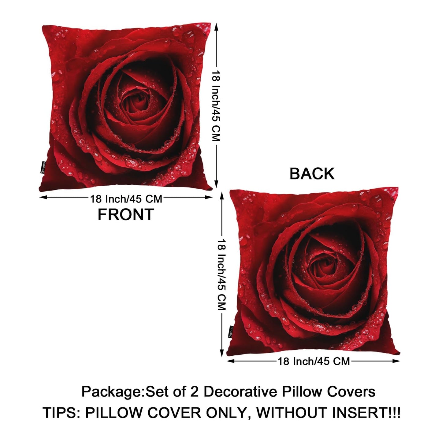 Swono Rose Pack of 2 Decorative Throw Pillow Covers Cushion Covers, Blossom Rose Water Drops Couch Pillow Case Boho Cushion Pillowcase for Bedroom Sofa Living Room 18X18 Inches, Red Rose Petals