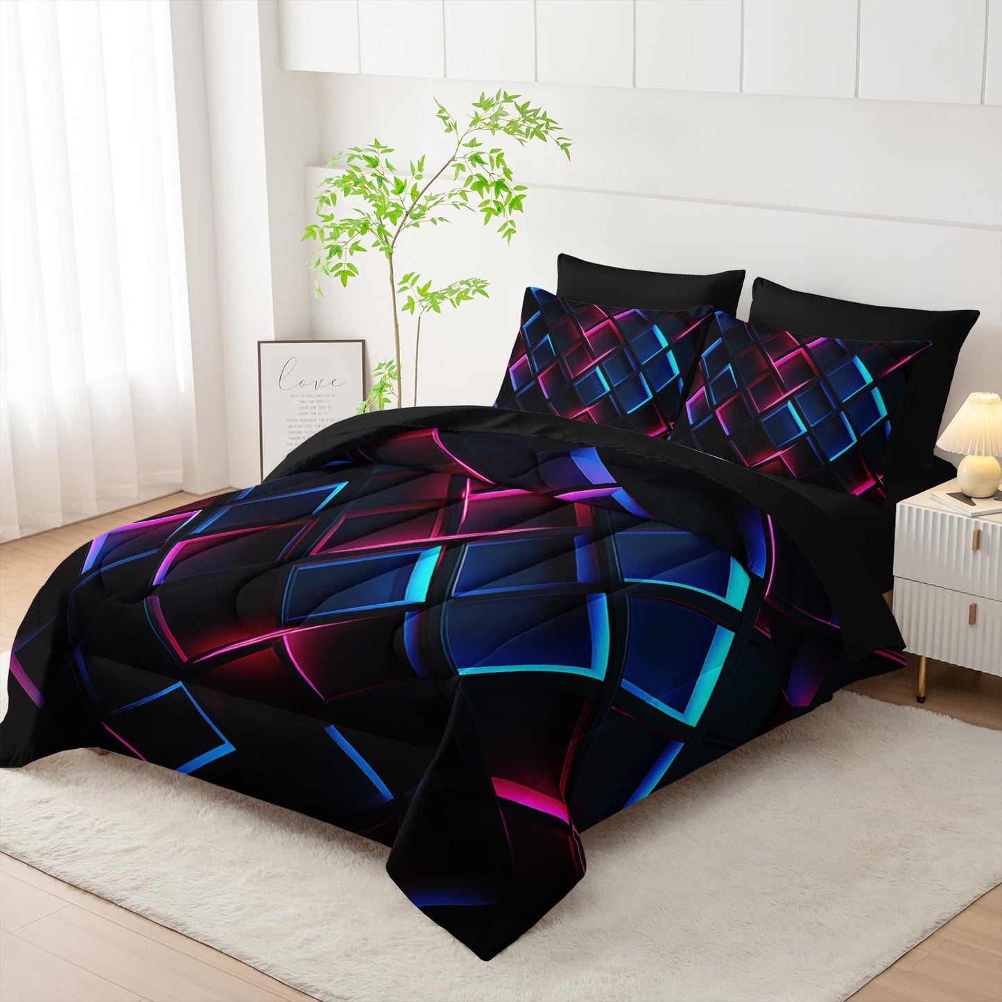 Nttopship Blue Black Geometric Comforter Set Twin Size 3D Stereoscopic Square Bedding Set Honeycomb Bedding Set 7 Pieces Modern Style Geometry Decor with Pillowcases,Flat, Fitted Sheet