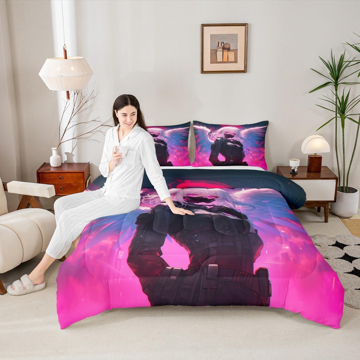 Erosebridal Twin Japanese Anime Comforter Set Anime Girl Bedding Set for Kids Girls Teens Men Bedroom, Cartoon Girl Quilt Kawaii Japanese Animation Duvet Insert 2 Piece with 1 Pillow Case
