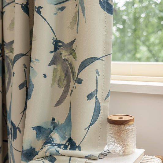 SUOUO Floral Blackout Curtains for Bedroom 84 inches Long Patterned Grey Blue Leaf Room Darkening Window Drapes for Living Room 2 Panels