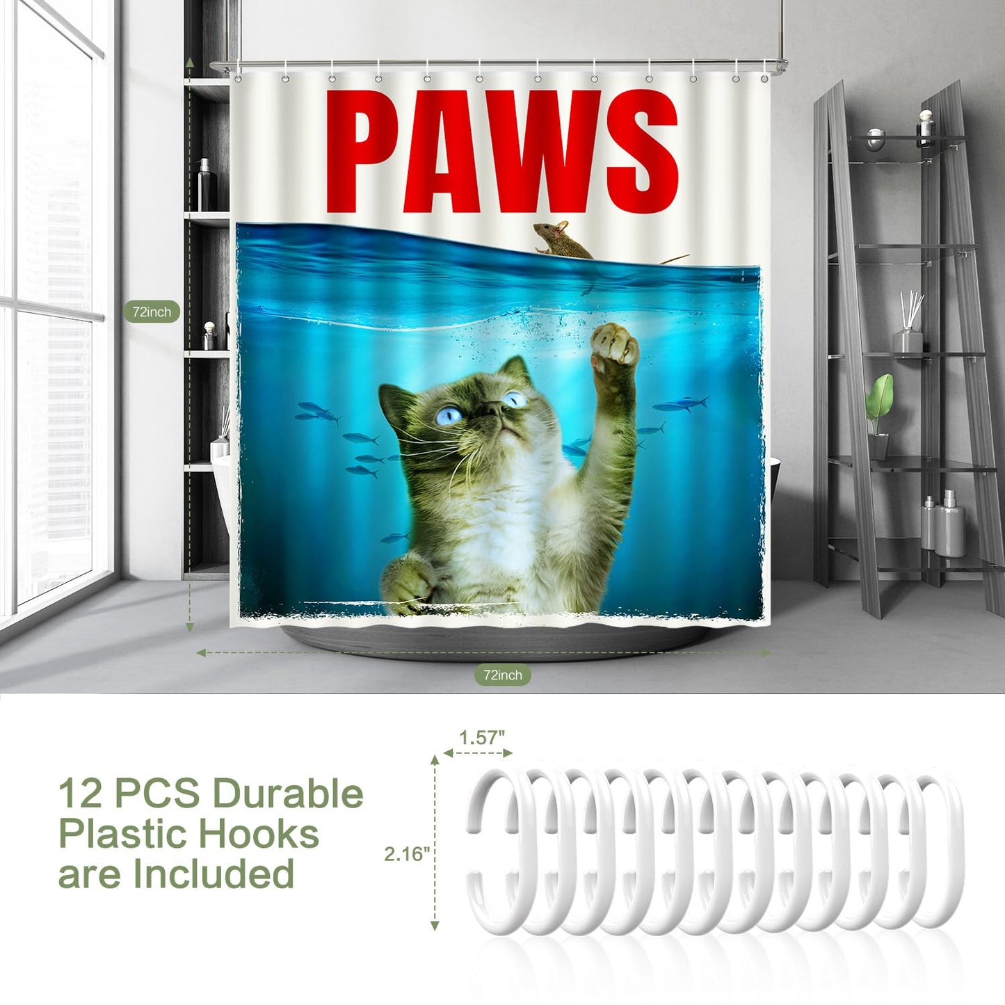 Lokigo Grey Funny Cat Shower Curtain, Cute Cat Paw Chasing Mouse in Teal Blue Ocean Nautical Shower Curtains for Bathroom Decor, Waterproof Polyester ShowerCurtains with 12 Hooks, 72" x 72"