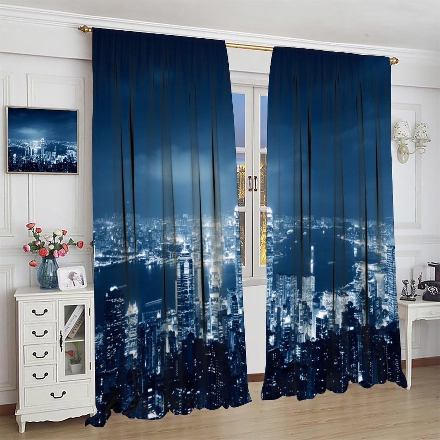 City Skyline Curtains, Blue Night City Lights Harbor View Print, Rod Pocket Light Filtering Window Drapes for Living Room Bedroom, 20.5" W x 44.5" L, 2 Panels （No Blackout）