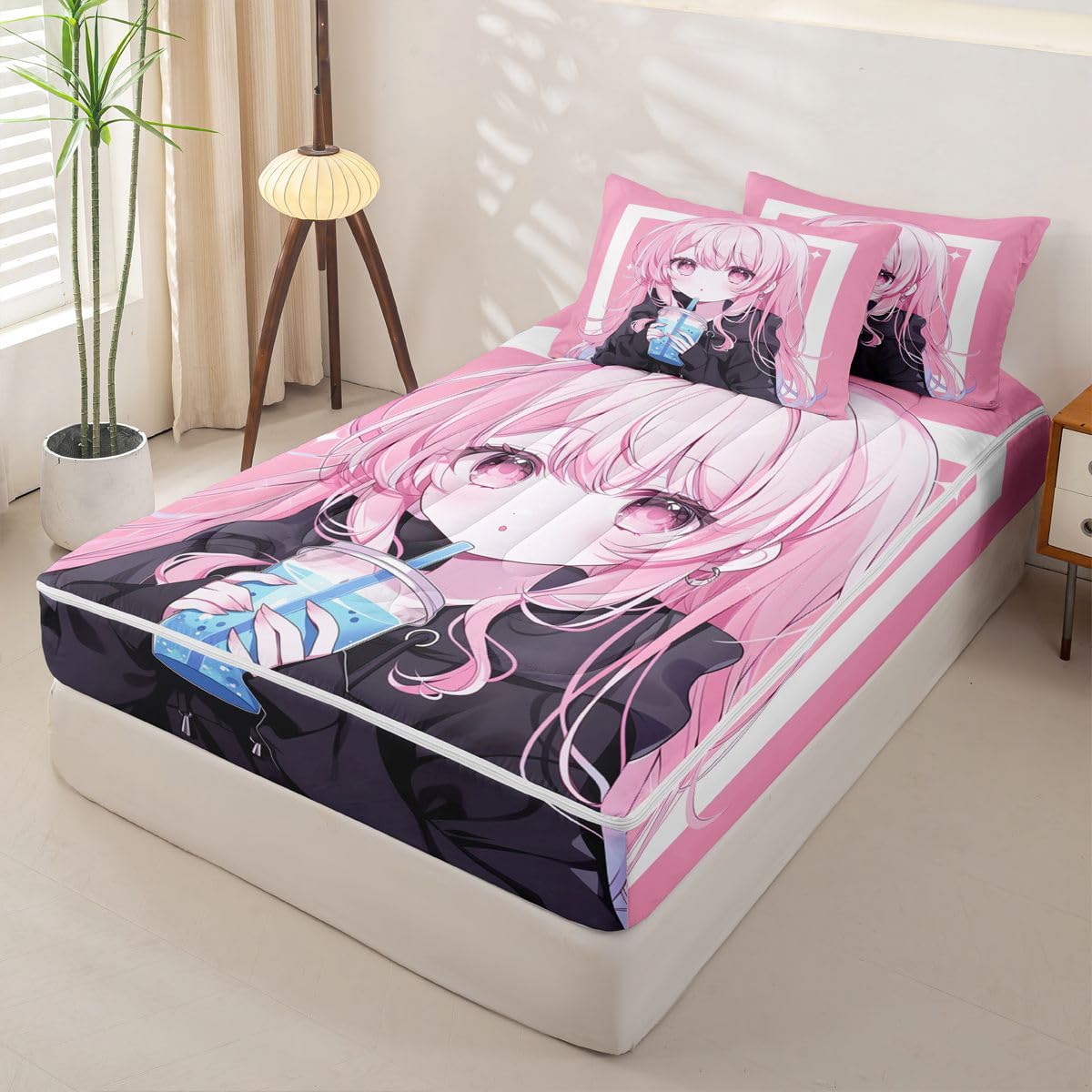 Erosebridal Kawaii Japanese Style Kids Comforter Set with Zipper, Anime Girl Drinking Milk Tea Twin Size Zipper Bedding Set, Japanese Animation Bed-in-A-Bag