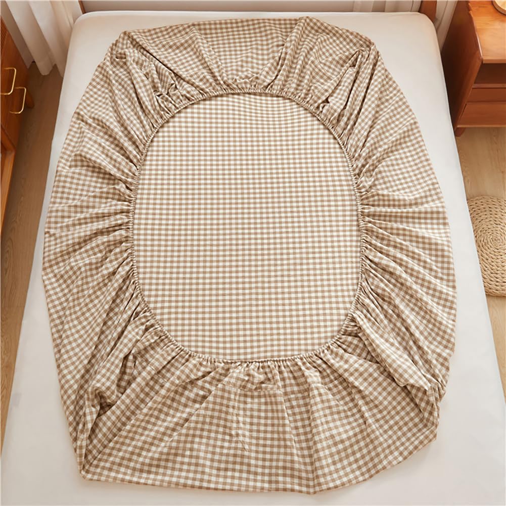 Tan Gingham Fitted Sheet Queen 100% Washed Cotton Taupe Plaid Queen Bed Sheet Grid Single Bottom Sheet with 15" Deep Pocket Gingham Bedding Grid Sheet 1 Piece Cotton Breathable Mattress Cover