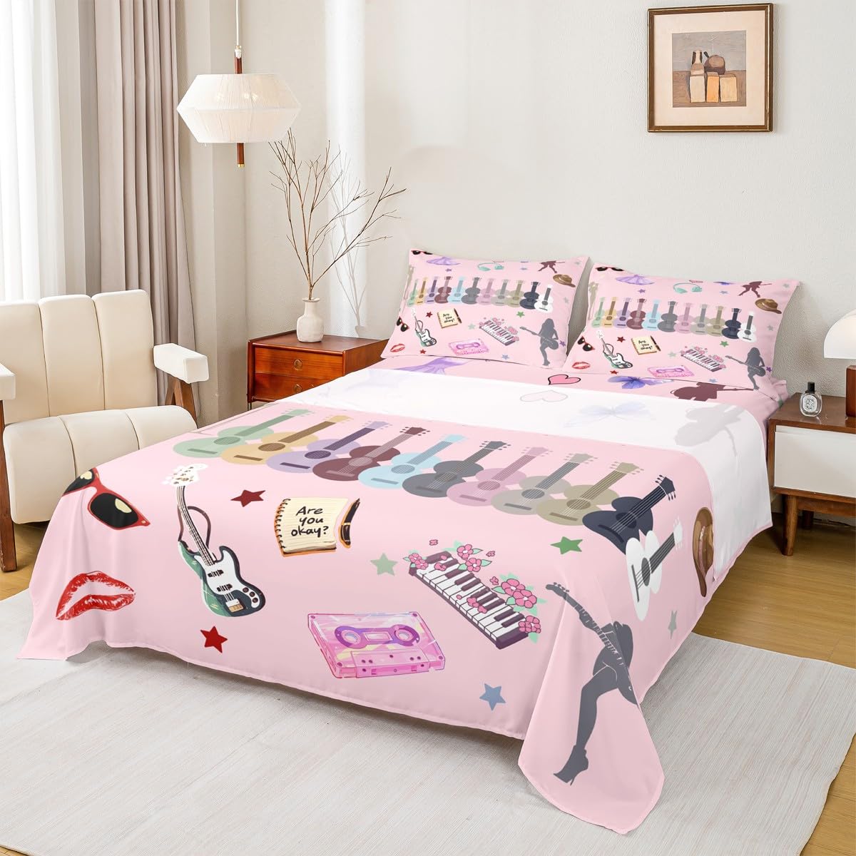 Erosebridal Music Fans Guitar Bed Sheets Set King Music Themed Sheet Set Singer Fans Pink Sheets for Kids Girls Women Fashion Birthday Valentines Day Gift Flat Fitted Sheet 4 Pcs Bedroom Decor