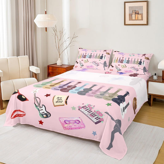 Erosebridal Music Fans Guitar Bed Sheets Set King Music Themed Sheet Set Singer Fans Pink Sheets for Kids Girls Women Fashion Birthday Valentines Day Gift Flat Fitted Sheet 4 Pcs Bedroom Decor