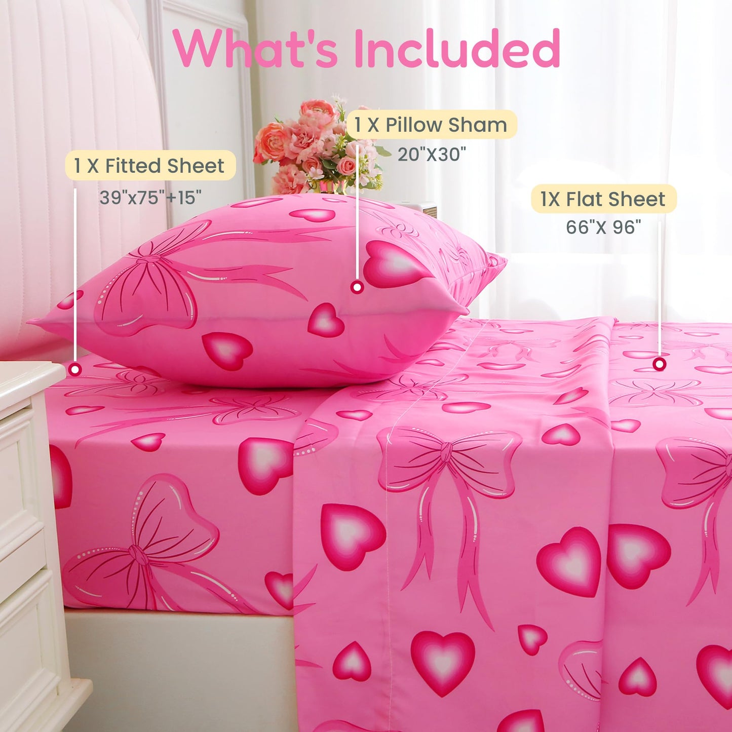 Softan Kids Twin Sheets Set, 3 Piece Heart Bow Bedding Set for Girls, Soft Breathable Microfiber with 15" Deep Pocket, Fitted Flat Sheet & Pillowcase