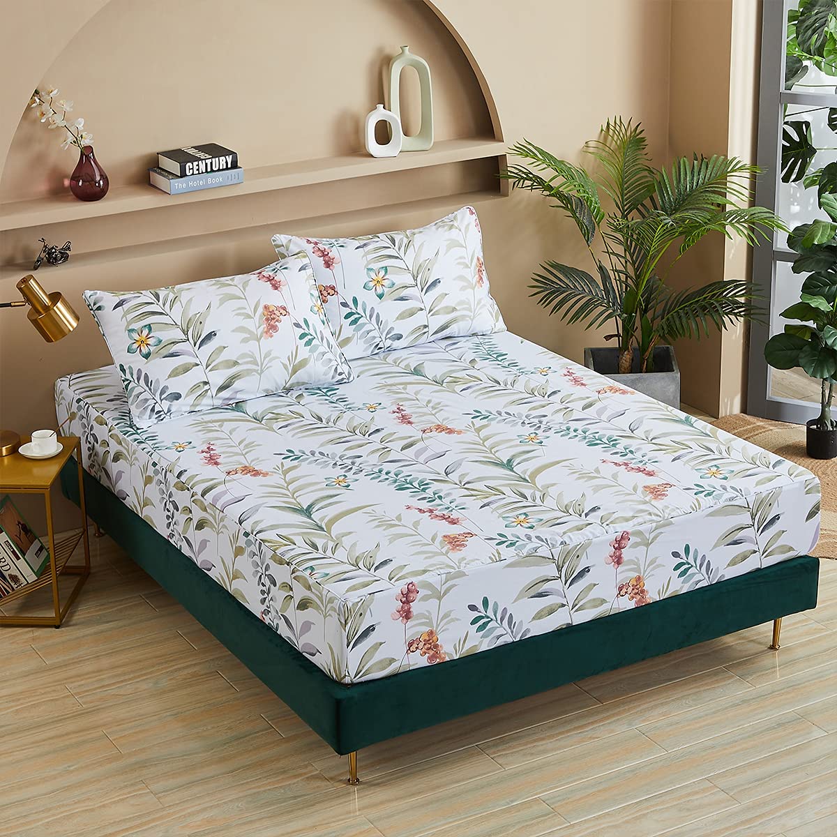 FADFAY Floral Leaves Sheet Set Queen, Premium 100% Cotton 600 TC Green Leaf & Teal Flower Watercolor Farmhouse Bedding, Super Soft Breathable Deep Pocket Bed Sheets Set, 4-Piece Queen