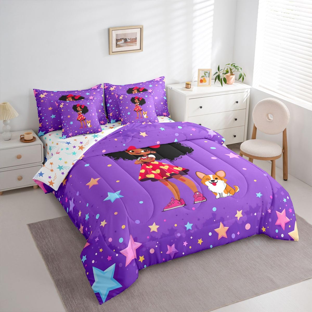 Erosebridal Cartoon Black Girls Queen Bedding Set Coloful Stars Print Comforter Set with Flat and Fitted Sheet Kids Teen Cute Polka Dots 7-Piece Bed in a Bag Kawaii Bow Girl Dog Quilt Sets