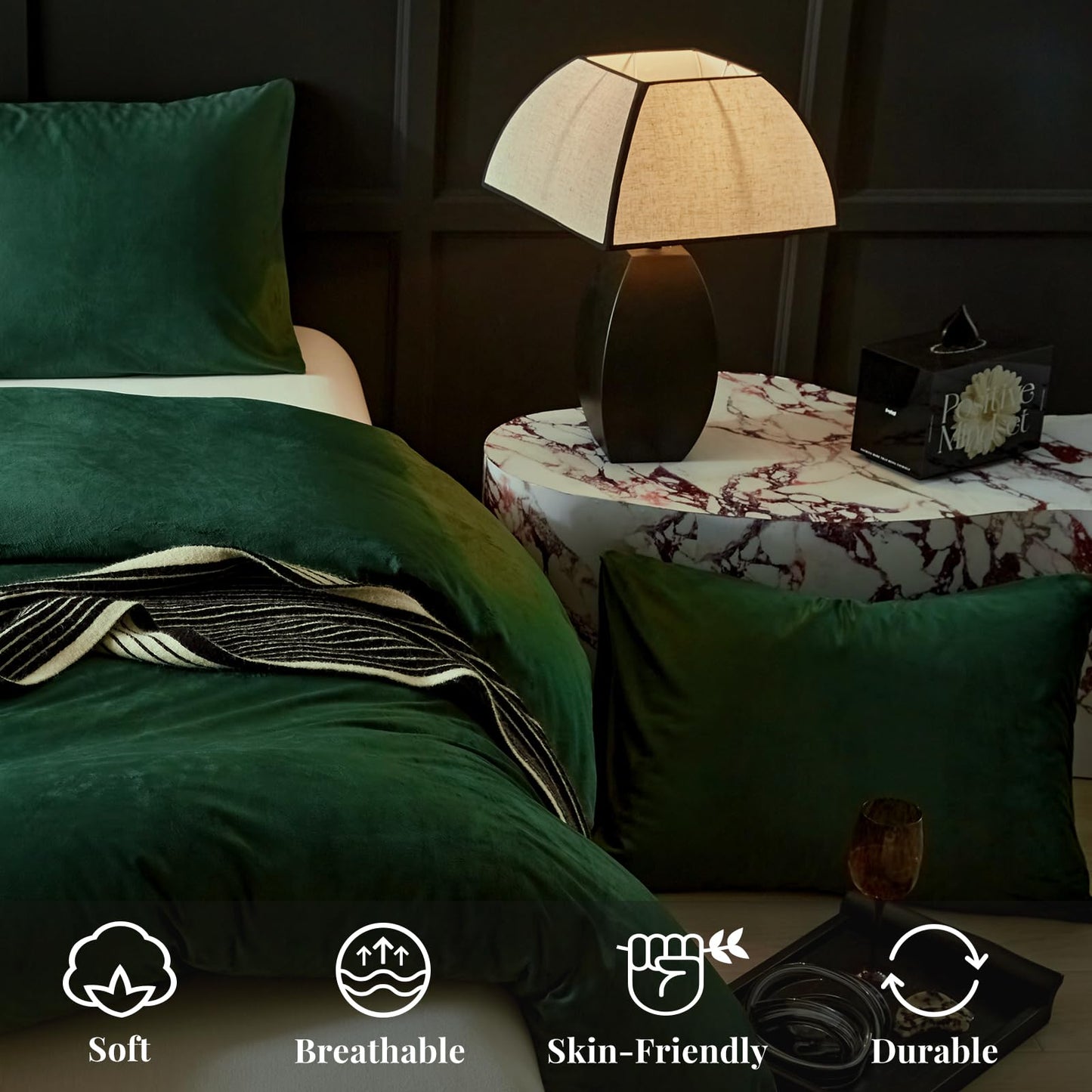 WARMDERN Emerald Green Flannel Velvet Duvet Cover King Size Duvet Cover Bedding Sets, 3pcs Ultra Soft Luxury Textured Modern Crystal Velvet Duvet Covers with Zipper Closure(Emerald Green, King)