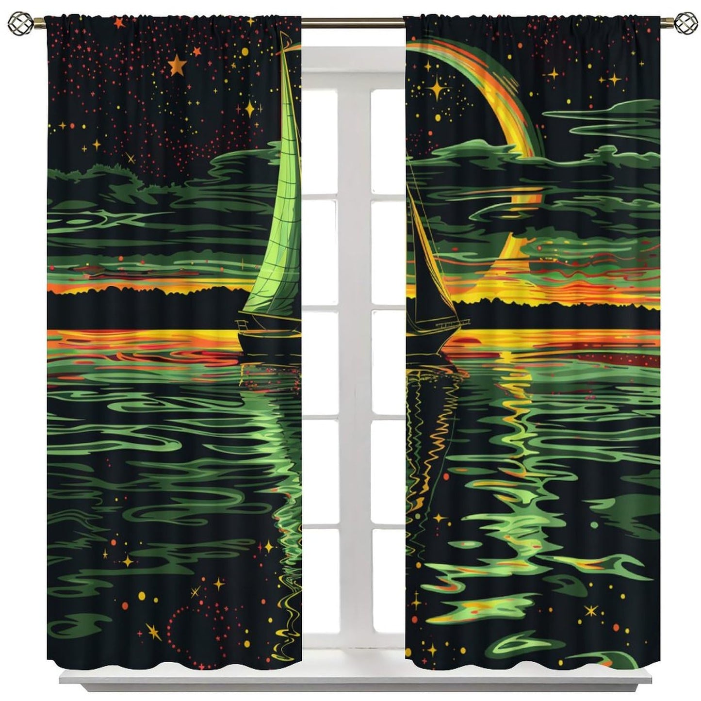 TOWINSFB Coastal Star Moon Sailboat Blackout Curtains for Living Room Bedroom, Night Scenery Nautical Ocean Window Curtains Rod Pocket Thermal Insulated Window Drapes, 2 Panels, Each 21" W x 45" L