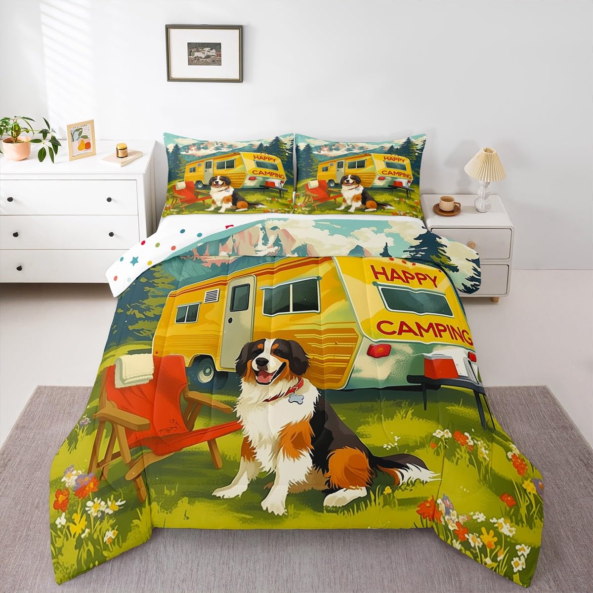 Erosebridal Camping Comforter Set for Kids Boys Girls Camper Rv Accessories Bedding Happy Camping Duvet Set Rustic Cabin Decor Comforter King with 2 Pillowcases