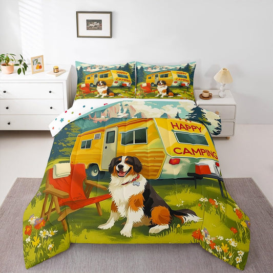 Erosebridal Camping Comforter Set for Kids Boys Girls Camper Rv Accessories Bedding Happy Camping Duvet Set Rustic Cabin Decor Comforter King with 2 Pillowcases