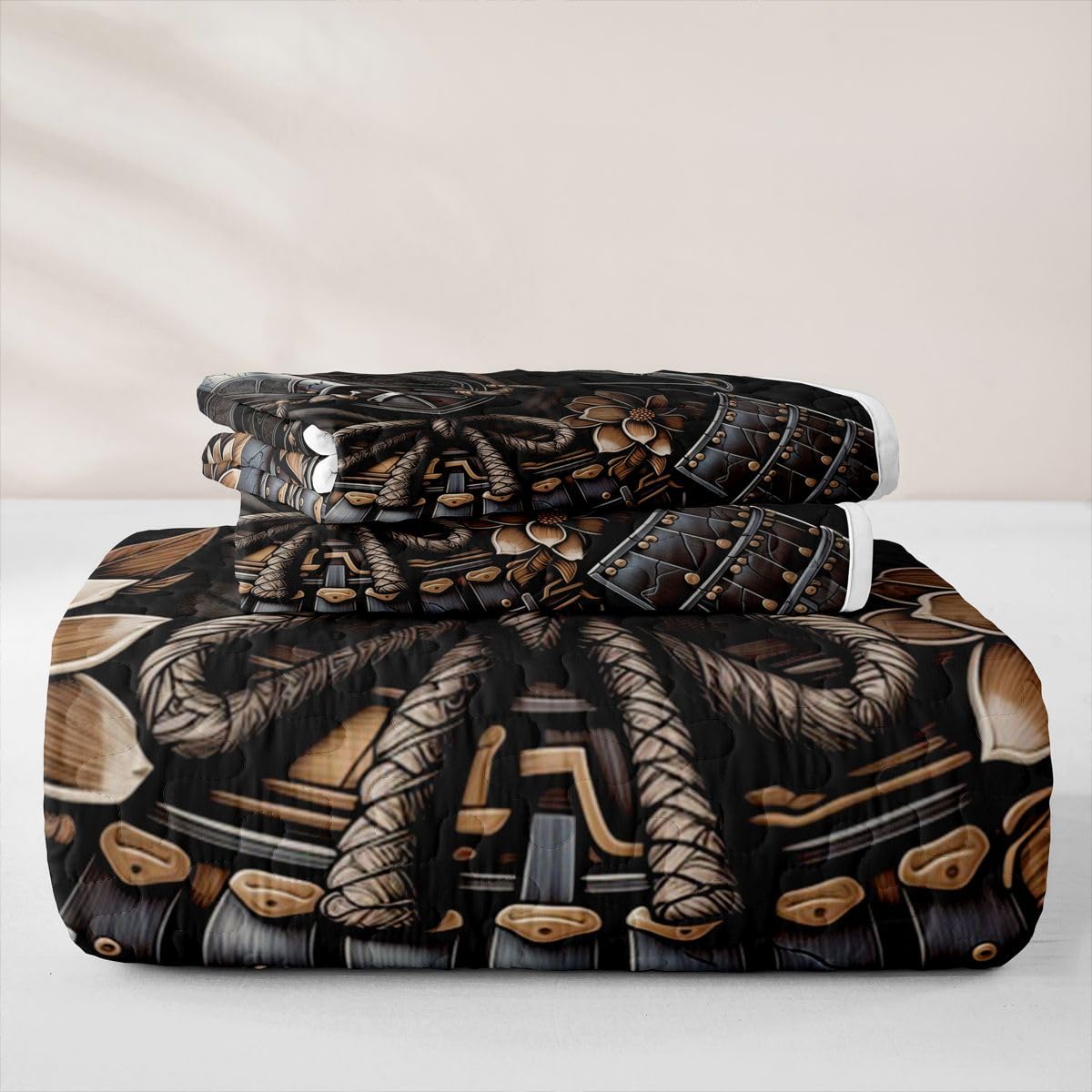 Erosebridal Japanese Samurai Quilts Twin Size - Armor Bedspread Coverlet Set, Ancient Japanese Style Quilt Coverlets 2Pcs (Only 1 Pillowcase)