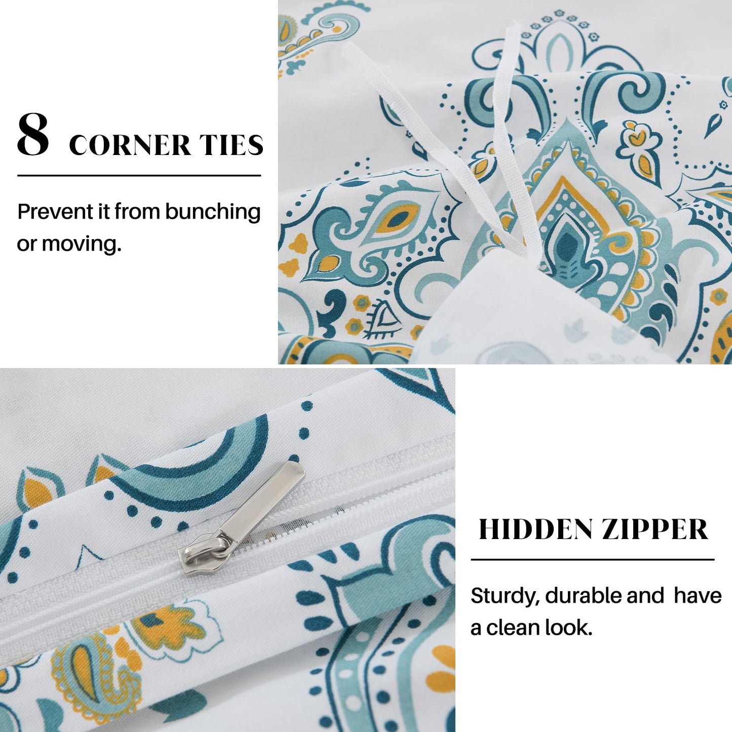 CozyDH Cotton Duvet Cover King Size - 100% Cotton 400TC Blue White Damask Paisley Floral Pattern Duvet Cover Set, Ultra Soft Lightweight Farmhouse Bedding Set 3pcs (King, 104x90, No Comforter)