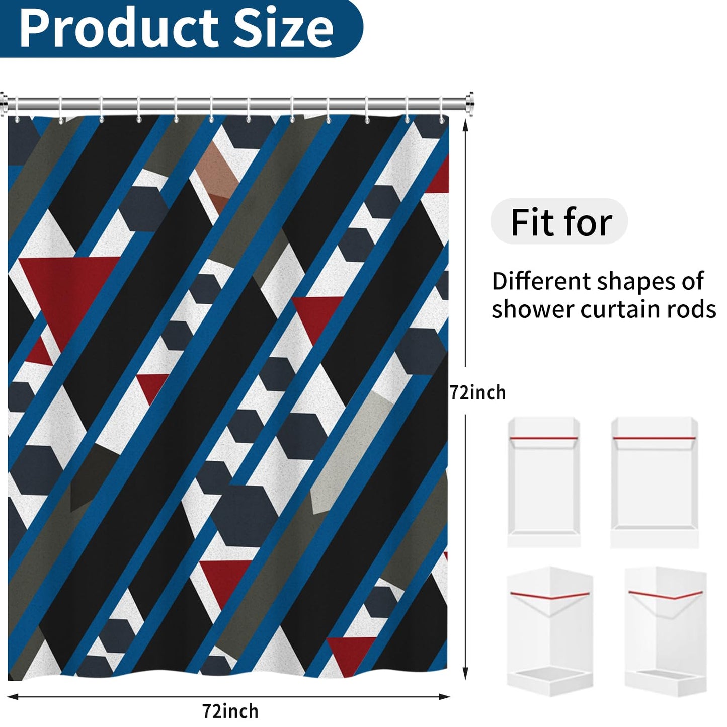 deFouliao Blue Geometric Shower Curtain Abstract Modern Black Red Geometry Art Bathroom Curtain Sets for Bath Home Decor Luxury Hotel, Waterproof Fabric with Hooks, 72x72 Inch