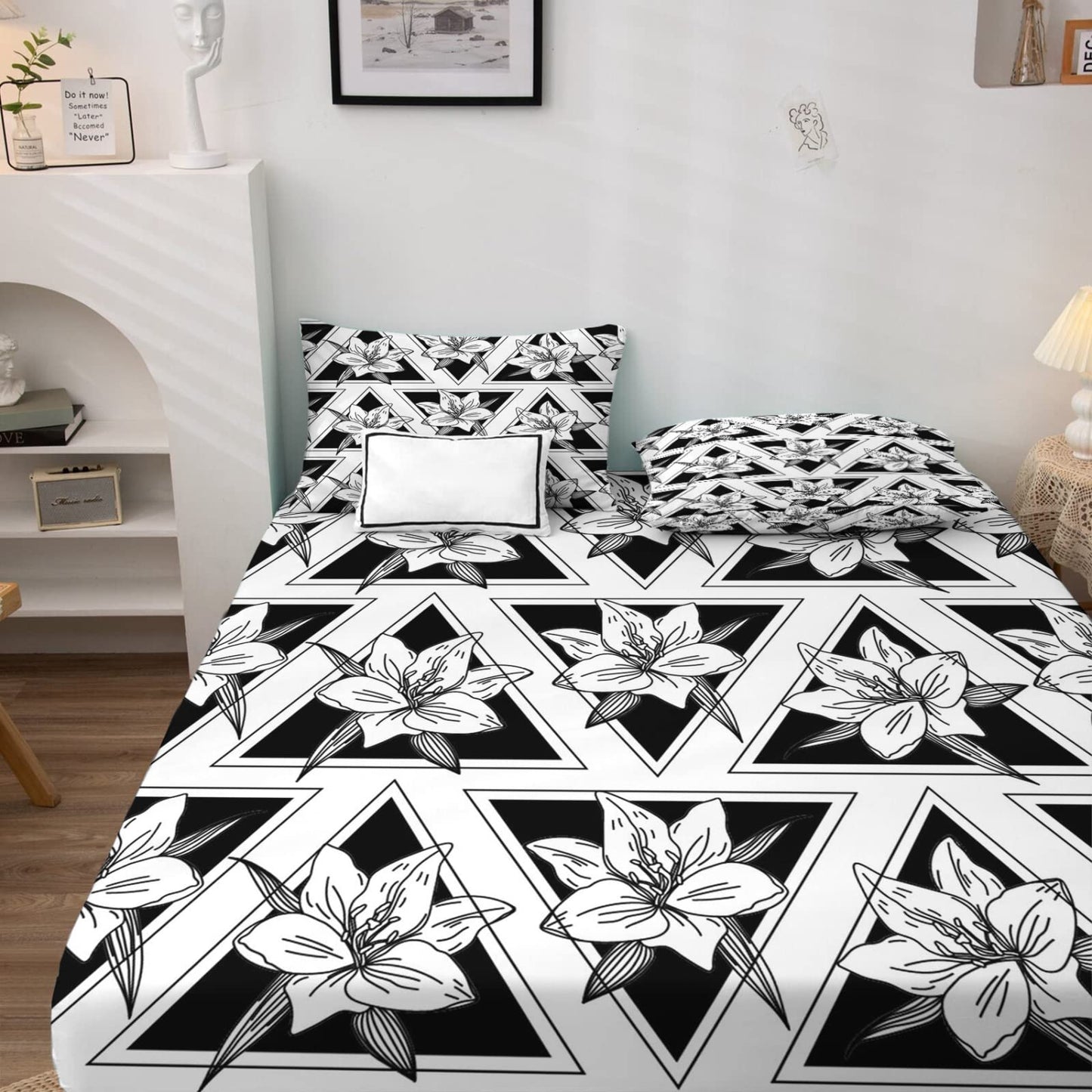 NOGAWA Flower Sheets Split King Size, Geometric Bed Sheets, Patterned Bedding Sheets & Pillowcases 5 Piece Set - Soft Microfiber Deep Pocket 2 Fitted Sheet & Flat Sheet & 2 Pillow Cases