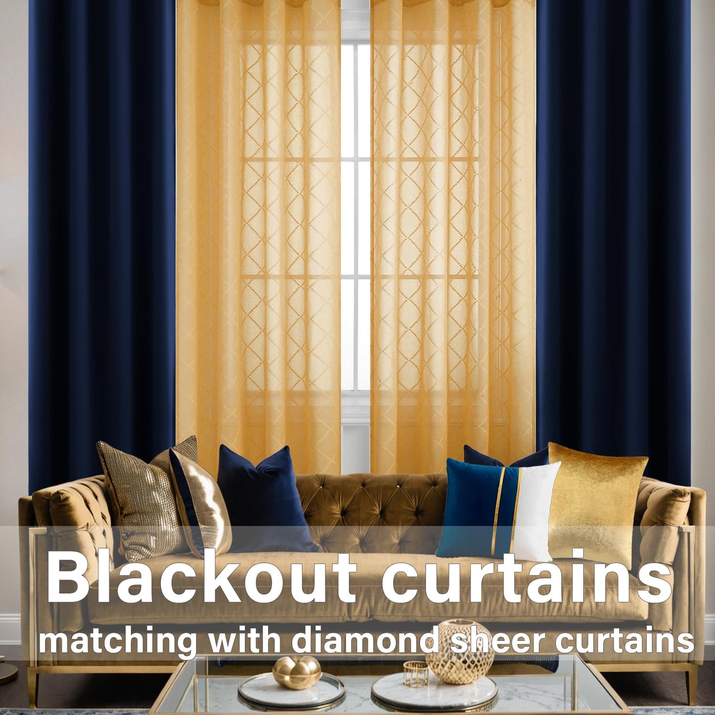KOUFALL Gold Curtains for Living Room 84 Inches Long,Sheer Geometric Fancy Sheers Mid Century Modern Boho Curtains for Bedroom 2 Panels Set