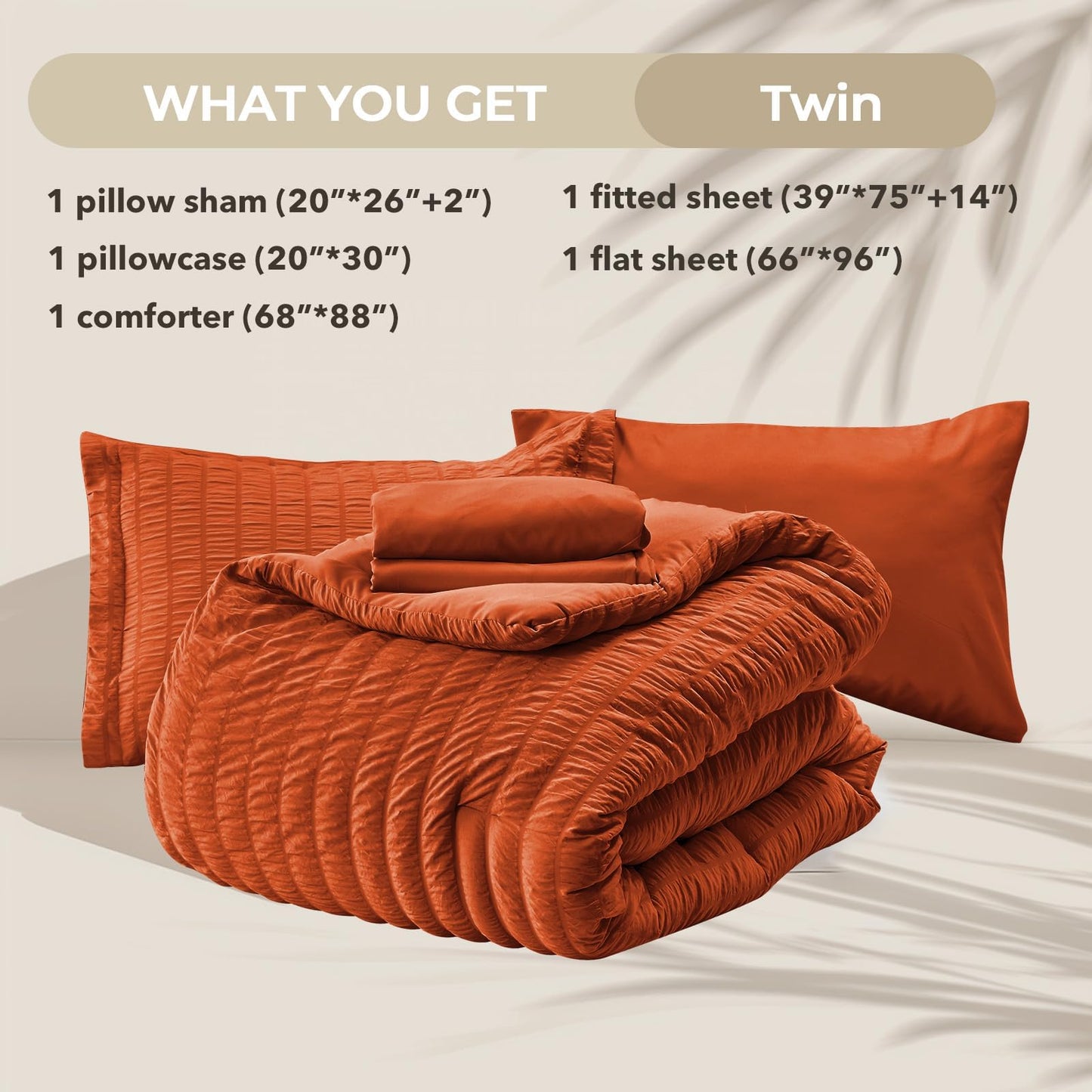 HYMOKEGE Burnt Orange Twin Comforter Set Seersucker 5 Pieces, All Season Luxury Bed in a Bag for Bedroom, Bedding Set with Comforters, Sheets, Pillowcase & Sham