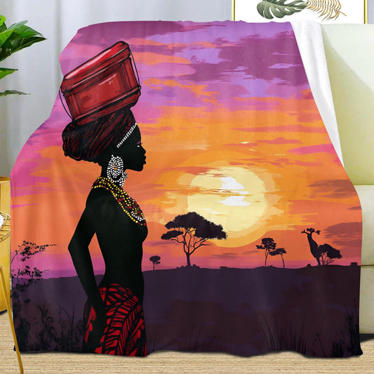 African Blankets & Throws, African Woman Throw Blanket for Couch Bed Sofa, Sunset Throws and Blankets - Super Soft Cozy Plush Flannel Blanket & Gifts, 40x50